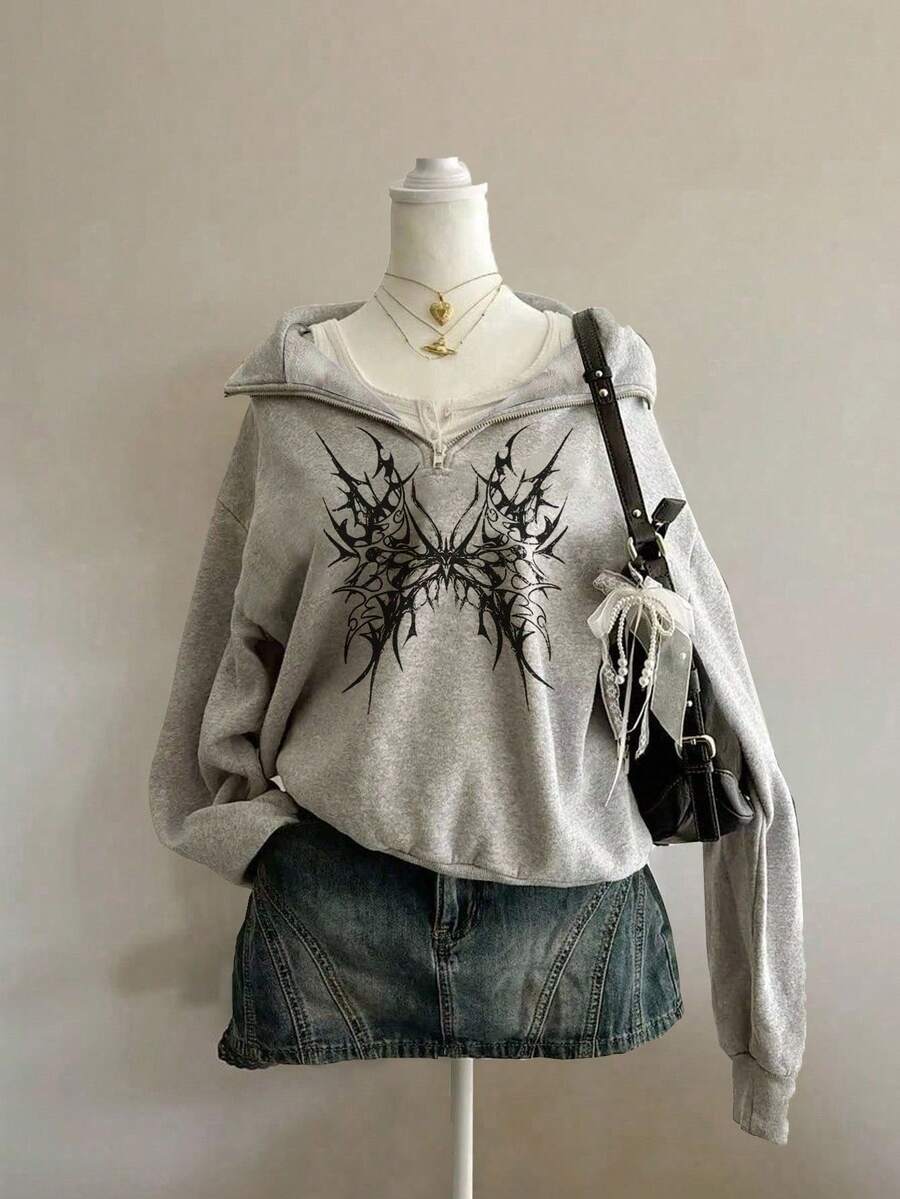 Attitoon Sweatshirt Fleece Kasual Gaya Street Punk Y2K Abu-abu & Hitam dengan Motif Sayap, Potongan Longgar, Resleting Setengah, Kerah Tinggi, Nyaman untuk Musim Gugur/Dingin. - Grey - View 1
