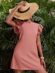 SHEIN Gaun Pendek Model A-Line Longgar Lengan Pendek Berkerut Warna Fuchsia Cerah untuk Remaja Perempuan, Pakaian Kasual untuk Liburan - Berwarna merah muda - View 3