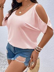Plus Size Women Solid Color Off Shoulder Short Sleeve Casual T-Shirt - Baby Pink - View 5