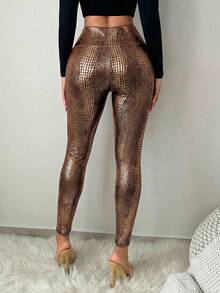 SHEIN SXY Quần legging nữ cạp cao họa tiết động vật - Vàng - Xem 2