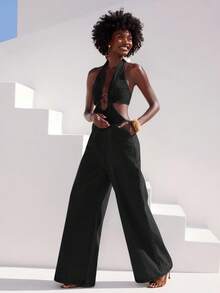 NYA SZN Jumpsuit Denim Halter Neck Plunge Long Pant Metal Detail Date Eveeryday Concert Outfits For Women - Black - View 7