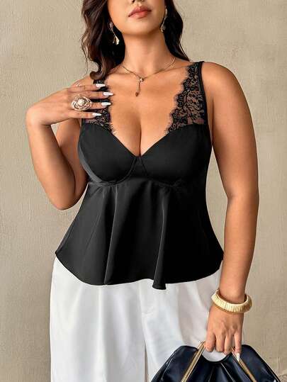 Auralis Plus Size Women's Sexy Satin Contrast Lace Camisole Top, Elegant Lace Splice, Suitable For Bar/KTV, Can Be Worn Alone Or Layered, Daily Black Top/Personality Girl/Modern Elegance Y2K Bar/KTV Outfit/Music Festival/Concert Black Lace Patchwork Fitted Waist Flared Bustier Women's Top/Elegant Commuting Office Outfit Siren Style High-End Banquet Outfit Black Top Elegant Top For Woman Lace Cami Top Tops For Women Elegant Classy