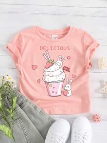 SHEIN Young Girl's Casual Simple Cartoon Rabbit & Letter Print Short Sleeve T-Shirt Suitable For Summer - Coral Pink - View 2