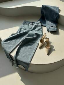 DAZY Women's Solid Color Wide Leg Long Denim Jeans, Suitable For Long Legs - Medium Wash - View 7