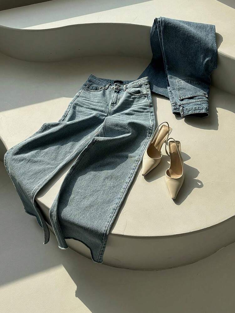 Women's Loose Washed Korean Style Distressed Jeans, Suitable For All Seasons