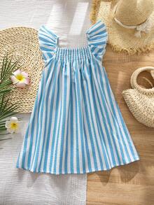 SHEIN 少女夏季度假条纹印花荷叶边连衣裙 - 彩色 - 查看 6