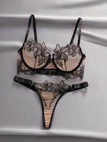 2 piezas Conjunto de sujetador sexy con cierre delantero bordado romántico, lencería - Multicolor - Ver 1