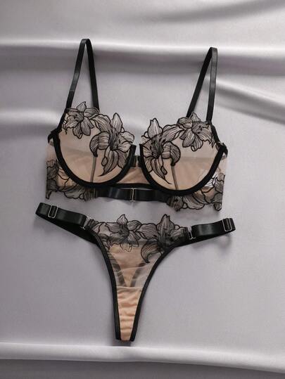 2 piezas Conjunto de sujetador sexy con cierre delantero bordado romántico, lencería