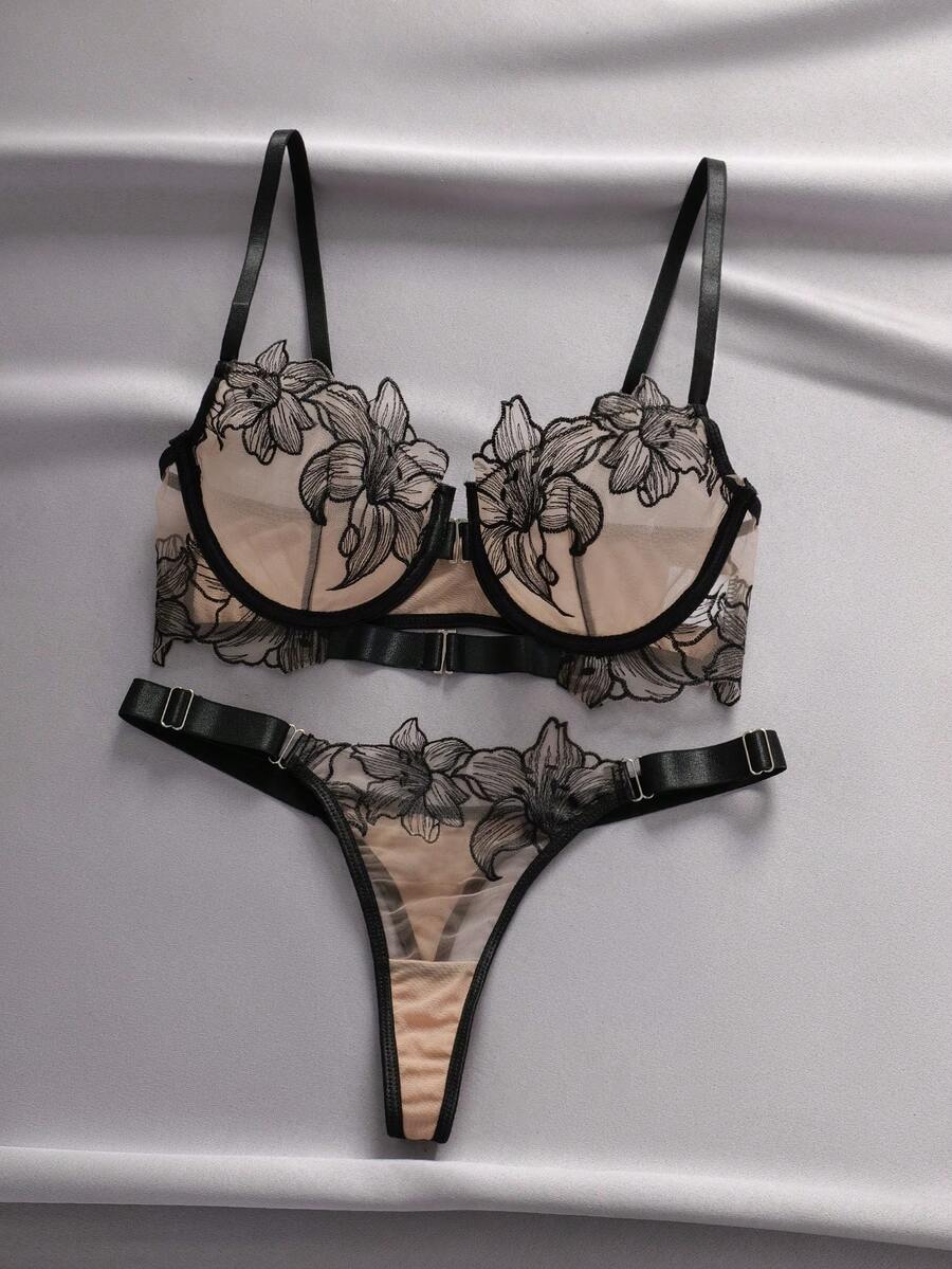 2 piezas Conjunto de sujetador sexy con cierre delantero bordado romántico, lencería - Multicolor - Ver 1