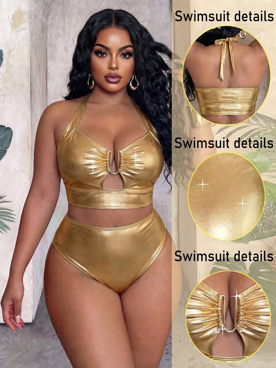 Slaydiva Conjunto de traje de baño para mujer de talla grande con tela de lámina de oro, Primavera/Verano 2026 - Dorado - Ver 1