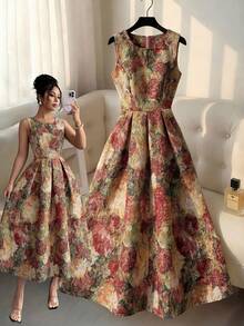 Elenzga Đầm dài vừa phải thanh lịch cổ tròn không tay thắt eo in họa tiết toàn thân cho nữ - màu nâu - Xem 8