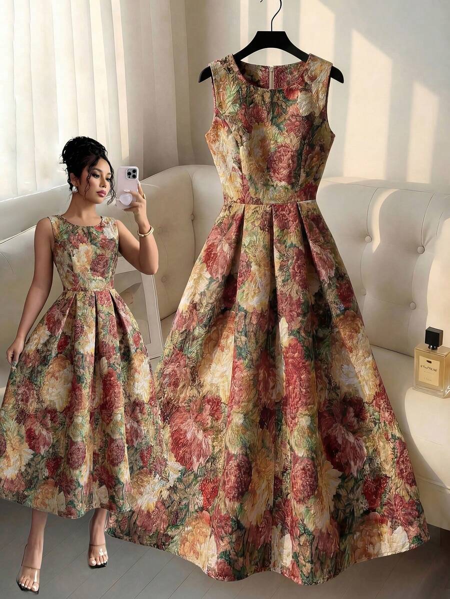 Elenzga 女士圆领无袖收腰全身印花优雅中长连衣裙 - 棕色 - 查看 1