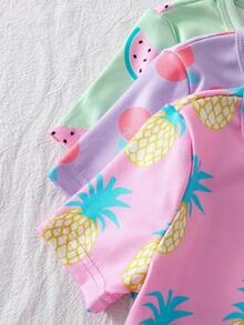 6pcs/Set Girls' Colorful Fruit & Vegetable Print Short Sleeve Snug Fit Pajama Set, Summer - Multicolor - View 5