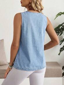 EMERY ROSE Plus Size Solid Color Sleeveless Denim Top - Light Wash - View 2