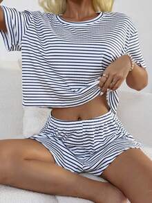 Napfluff Women's Casual Striped Knit Round Neck Short Sleeve Pajama Set - Black and White - View 8