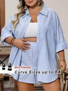 SHEIN CURVE+ 尺码 US22 适合音乐节、海滨度假、波西米亚风女士复古雪花印花休闲两件套，宽松T恤搭配修身骑行裤，春夏女装，加大码，Hoho Vacation 女士海滩装/沙滩裙/海滩度假装/海滩必备/毕业典礼/下午茶会礼服 - 藍色 - 查看 11