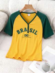 SHEIN Áo thun ngắn tay in chữ dành cho nữ tuổi teen, kiểu dáng thường ngày, đa năng, thích hợp mặc hàng ngày. - Màu vàng - Xem 4