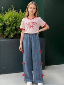 SHEIN 少女时尚蝴蝶结短袖T恤套装 - 粉色 - 查看 8