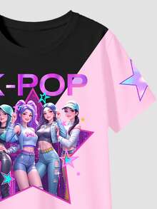 2 pièces/Set T-shirt à col rond à manches courtes avec imprimé étoile K-pop et lettres et short pour filles. Convient pour les activités de plein air, à la maison et les sports quotidiens. Doux et confortable. - Multicolore - Voir 4