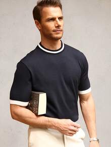 Manfinity Homme Plus Size Men's Casual Smart Casual Patchwork Color Knit Pullover, Navy Blue And White Round Neck T Shirt, Versatile For Summer, Work, Office, Holiday - Navy Blue - View 3