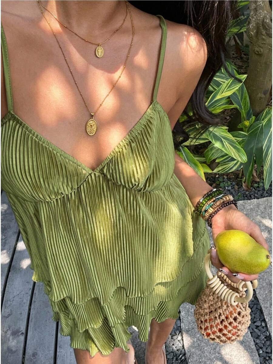 SHEIN SunnyBelle Grön miniklänning med veckat linne i semesterstil för kvinnor, elegant design för vår/sommar - Grön - Visa 1
