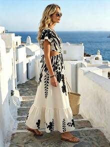 SHEIN Holidaya Đầm nữ mới cổ chữ V tay ngắn, eo khoét sâu, lưng họa tiết nhuộm tie-dye, viền bèo nhún. - Đen và trắng - Xem 3