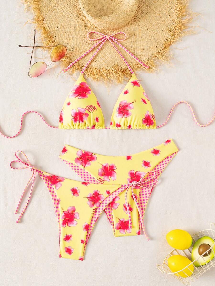 Swim Vcay 2025 Summer Beach Women's Solid Color Halter Backless Tie Top + Knotted Triangle Top + Triangle Bottoms 3-Piece Bikini Set Set - Multicolor - View 1