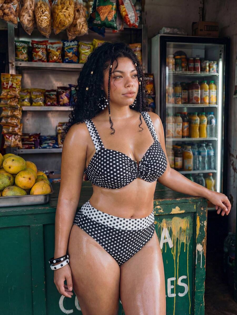 Swim Vcay Plus Size Polka Dot Print Color Block Bikini Swimwear Set Black,Summer,1920s Flapper,Beach,Holiday Bathing Suits For Women Bikini Dots Set - Black and White - View 1