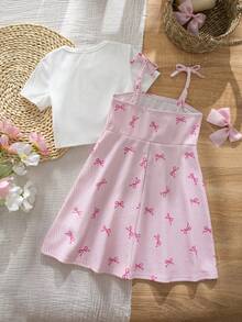 SHEIN 2件套女童纯色针织圆领T恤和条纹蝴蝶结装饰吊带裙 - 彩色 - 查看 7