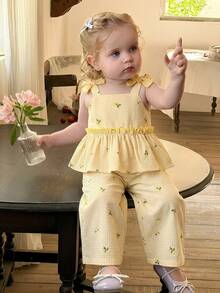 LMoss Kids LMoss  Baby Girl Summer Vacation Style Lemon Plaid Print Bow Shoulder Babydoll Cami Top & Wide Leg Pants Set Lemon Outfit For Baby Girl Baby Girls Clothes Summer Ootd For Baby Girl 1 To 2 Years Old - Multicolor - View 1