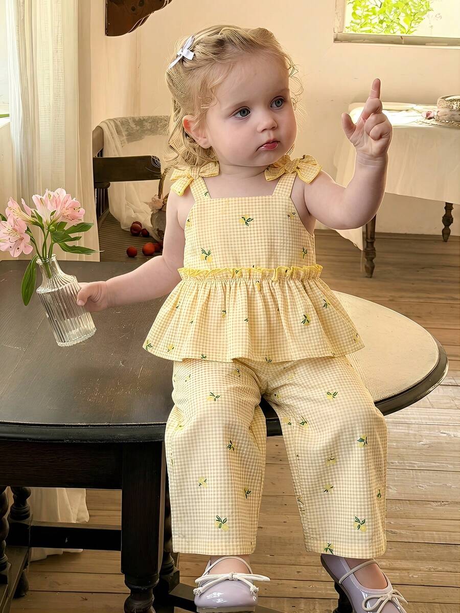 LMoss Kids LMoss  Baby Girl Summer Vacation Style Lemon Plaid Print Bow Shoulder Babydoll Cami Top & Wide Leg Pants Set Lemon Outfit For Baby Girl Baby Girls Clothes Summer Ootd For Baby Girl 1 To 2 Years Old - Multicolor - View 1
