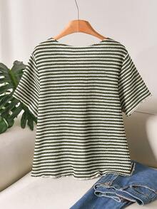 CosyJoli Gestreiftes Minimalist Lässig Kurzarm T-Shirt in Große Größen - Armeegrün - Übersicht 2