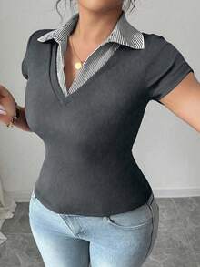 Elenzga Women's Plus Size Elegant Contrast Color Collar Splice Tight Casual Versatile Fashionable Design 2025 Spring/Summer New Short Sleeve Outdoor Top T-Shirt - Multicolor - View 8