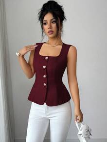 Rafferiza Áo camisole nữ màu đỏ tía, thời trang, thanh lịch, đa năng, thắt eo, cài sau, cổ vuông, khóa kim loại trang trí, thích hợp cho mùa xuân/hè. - Màu Đỏ Sâu - Xem 7