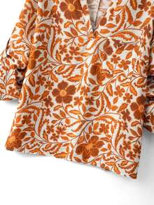 Linhara Blusa casual con cuello en V y estampado floral vintage para mujer, adecuada para pasear por el mercado de fin de semana, tomar el té de la tarde en una cafetería, vacaciones en la playa, Día del Maestro, atuendo para el Día de la Madre - Naranja - Ver 5