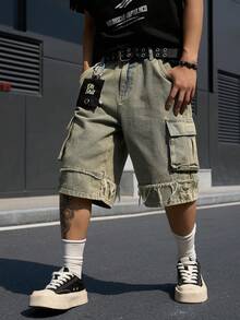 Manfinity EMRG 男士休闲做旧毛边蓝色牛仔短裤 - 淡黃色 - 查看 6