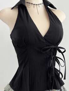 Elamini 性感翻领侧系腰带修身无袖衬衫，简约设计，女士款 - 黑色 - 查看 5