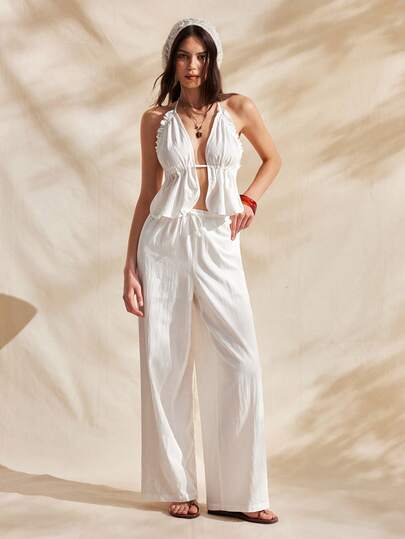 Easelle Two-Piece Women's Chinese Style Stand-Up Collar Vest And Shorts Set, White Resort Beachwear Set