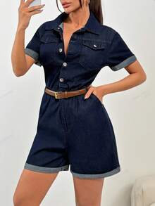 SHEIN 100% Cotton Button Front & Folded Hem Denim Jumpsuit - Dark Wash - View 2