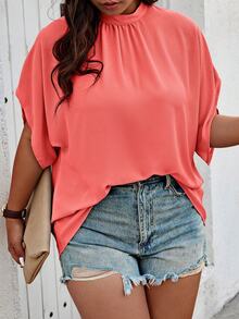 SHEIN Unity 大码女式纯色立领蝙蝠袖短袖休闲衬衫 - 珊瑚橙 - 查看 5