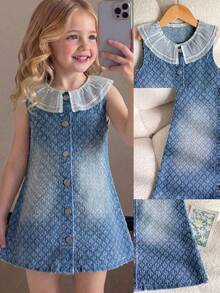 SHEIN Girls Blue Back-To-School Denim Sleeveless Dress,Soft Cotton Washed Fabric,A-Line Silhouette,Peter Pan Collar With Lace Trim,Front Button,Jacquard - Medium Wash - View 9