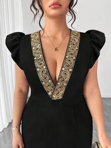 Elenzga Plus Size Women Elegant Commuter Gold Line Lace Waist Dress - Black - View 6