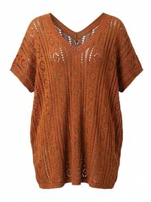 Swim Lushoire Plus Size Women's Summer Beach Vacation Solid Color Open Knit Split Hem Cover-Up Dress - Brown - View 5