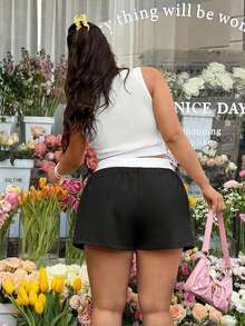 GalTyme Plus Size Women 2 Pieces Set: Polka Dot Blouse And Contrast Color Shorts, Casual Daily Wear - Black and White - View 2