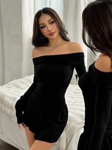 Vestido mini de manga larga de un hombro con volantes en el bajo para mujer, para primavera y otoño - Negro - Ver 3
