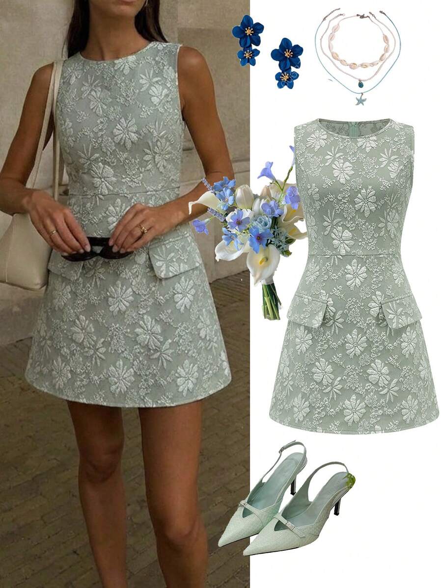 Ellevyn Women's Round Neck Jacquard Elegant Waist Fitted Mini Dress, Suitable For Dates And Parties Occasion Outfit Women Elegant Outfits Women Dress Spring Outfits For Women Dresses Wedding Outfit For Women Guest Spring Outfit For Women Dress Petite Formal Outfit Day 2 Wedding Guest Outfit Zoey Outfit Pinterest Outfit Elegant Outfit For Women,Summer Dresses For Women - Mint Green - View 1