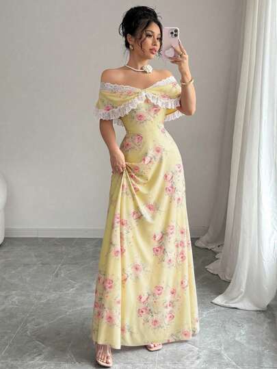 Rafferiza Petite Đầm nữ kiểu dáng ôm, in hoa cổ điển, phối ren, trễ vai.