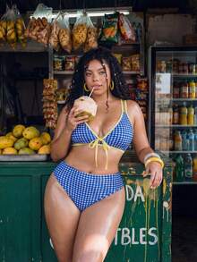 Swim Vcay Conjunto de bikini de 2 piezas de talla grande 2026 con estampado geométrico aleatorio, de moda, para vacaciones, informal, estilizador, modesto, con lazo, ajustable, de tirantes gruesos, de cintura alta y abertura alta en las piernas, en forma de triángulo - Azul - Ver 5