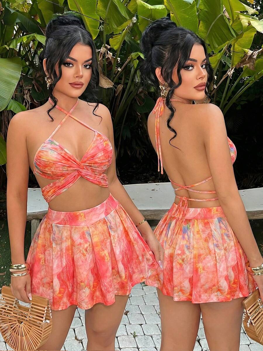 SHEIN SXY 女士全印花露背上衣和迷你裙性感两件套 - 粉色 - 查看 1