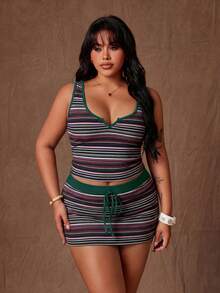 Rustia 大码女式条纹背心和迷你裙两件套 - 綠色 - 查看 4